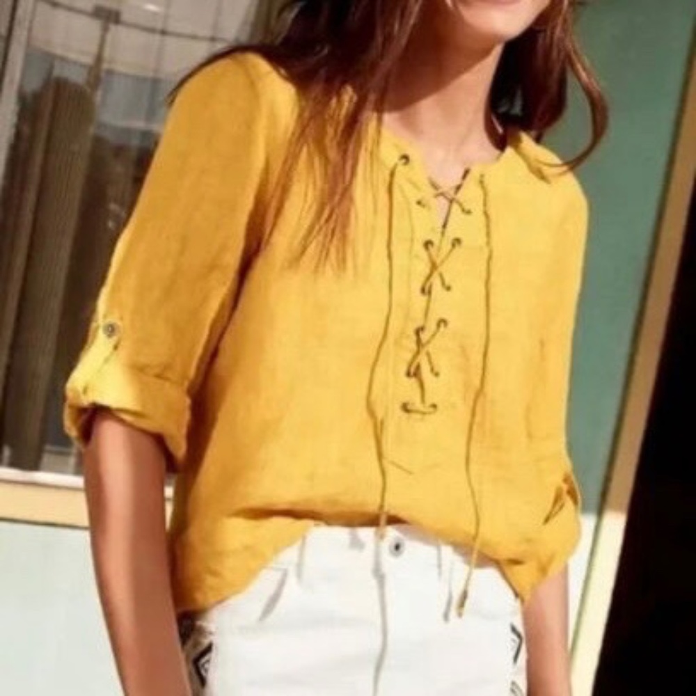 Anthropologie | Maeve  Lace-Up Linen Blouse. Color: Mustard yellow. Size: 6